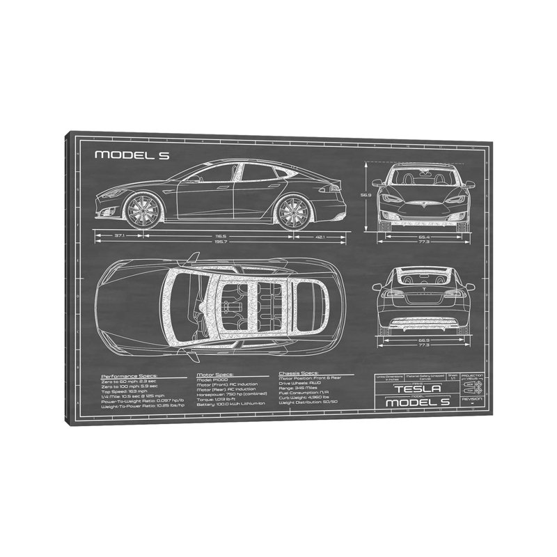 Tesla Model S (2016-2020) | Noir - impression sur toile tendue, H 26 po x l 40 po x 1,5 po