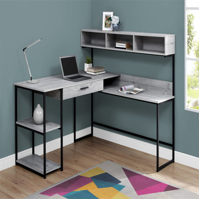 Bureau d'ordinateur, bureau personnel, coin, tiroirs de rangement, forme en L, stratifié brun, métal noir