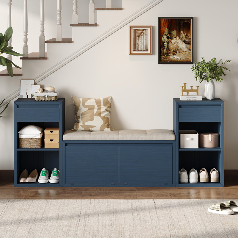 Banc de rangement tout-en-un pour hall d'entrée avec coussin, Bleu marine antique