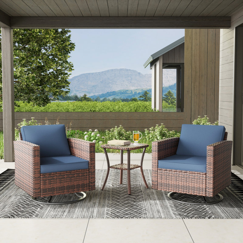 Kisner 3 Pieces Rocking Swivel Wicker Patio Chair With Cushions And Table, Navy