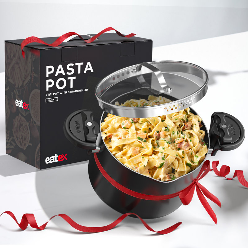 Multipurpose Stock Pasta Pot with Strainer Lid and Twist & Lock Handles, Black