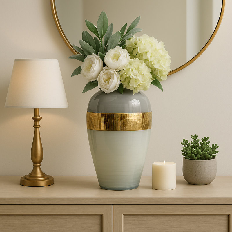 Decorative Glass Vase with Textured Metal Band Accent for Home Decor - Talll Flower Vase Design Feature for Living Room Table Style - 21", White & Gold