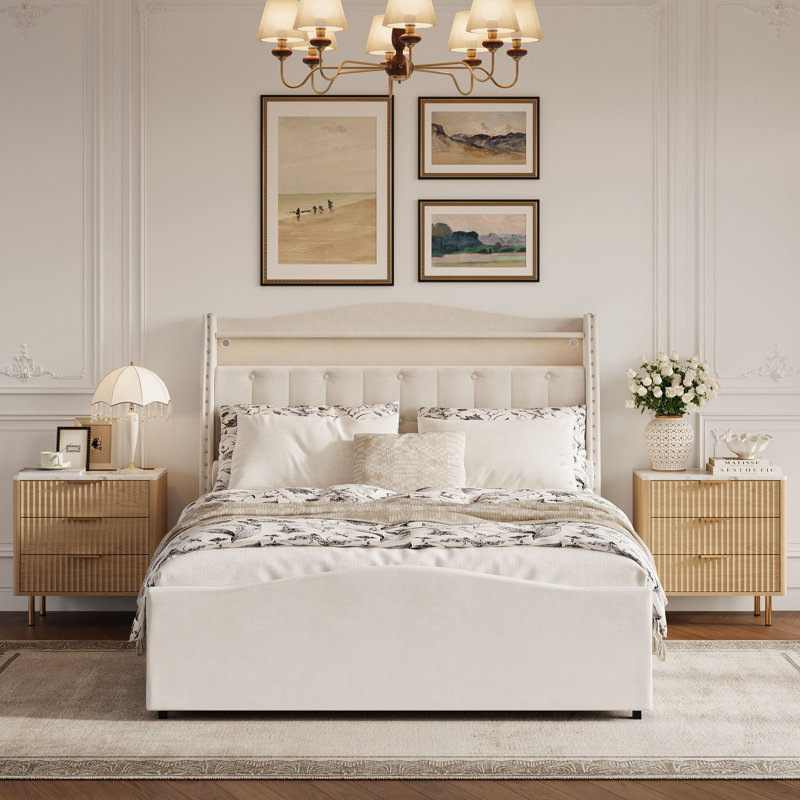 King Size Velvet Upholstered Platform Bed with Storage Drawers, Arched Tufted Headboard, Nailhead Trim and LED Lighting, King