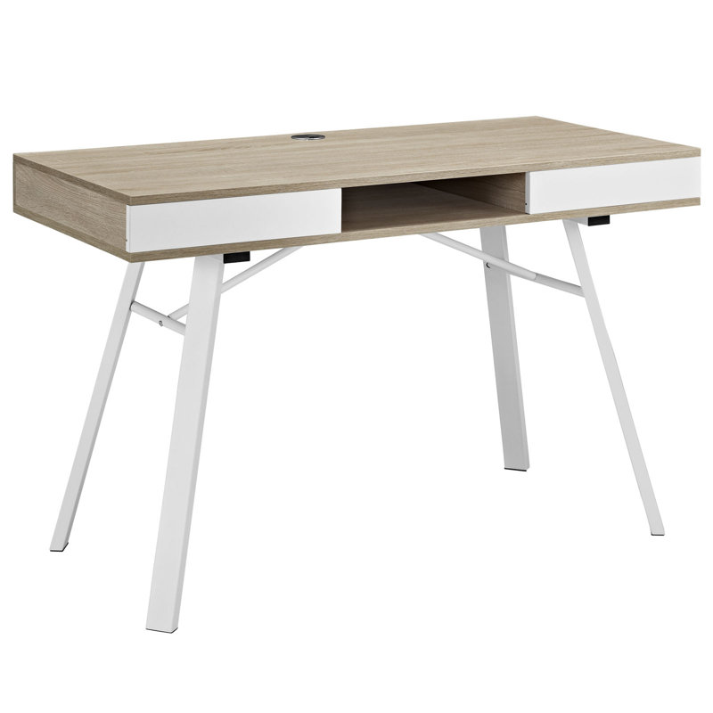 White and Oak Trestle Base Writing Desk with Drawer