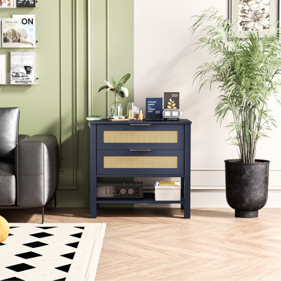 Table de chevet étroite en rotin avec 2 tiroirs et tablette de rangement Boho