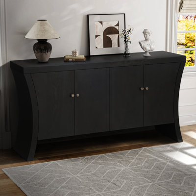 4-Door Wooden With Curved Legs & Bronze Clasps - Black Storage Cabinet For Contemporary Interiors Solid Wood Arc Accents Advanced Living Areas
