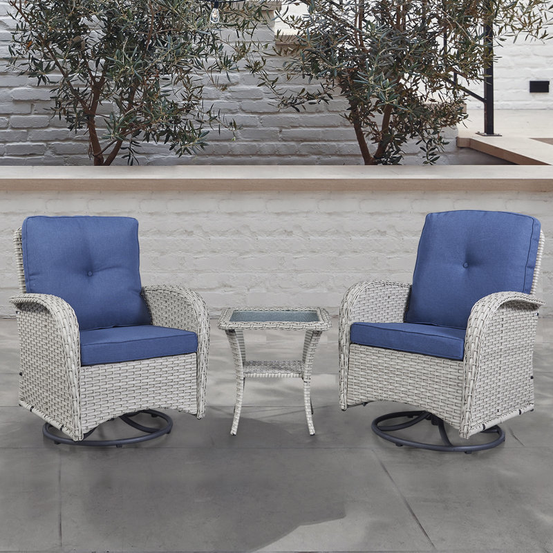Gaetanino 2- Person Wicker Outdoor Seating Group with Cushions, Birch Frame/Blue Cushion