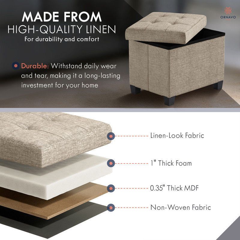 Collapsible Rectangle Small Storage Ottoman with Legs - 12" x 16" x 12", Tan