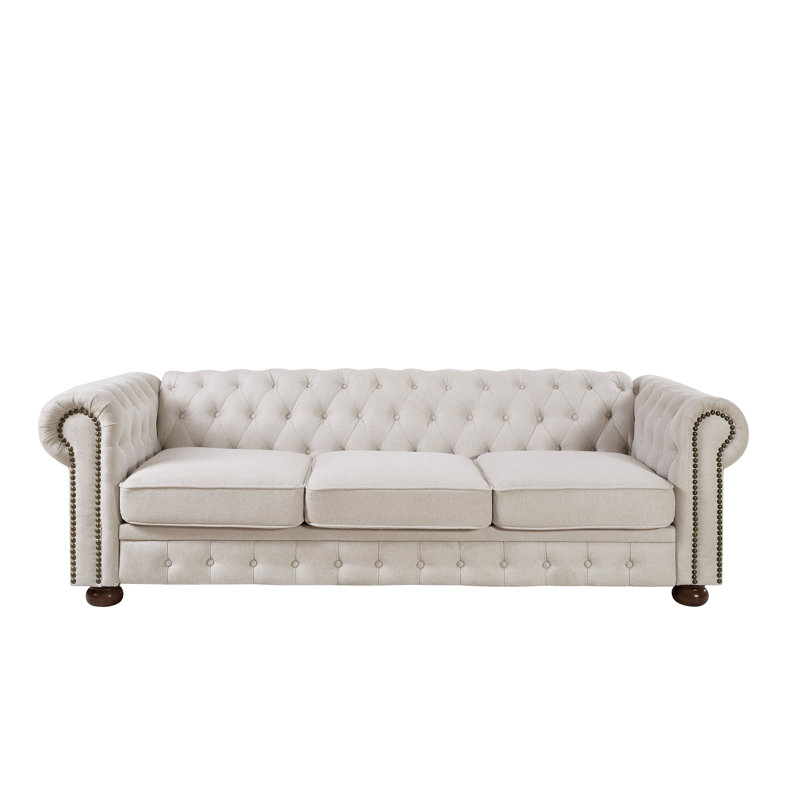 Canapé Chesterfield 88,5 po avec tissu en lin, structure en bois massif et coussins en mousse, Beige