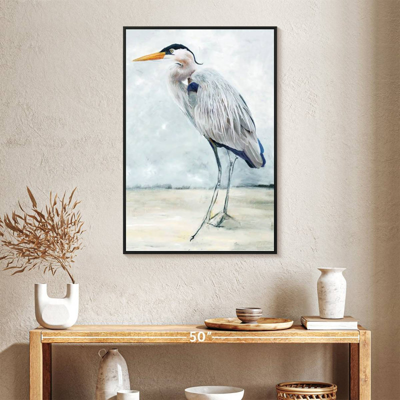 Héron bleu plage I, 25 po x 37 po, Cadre flottant noir