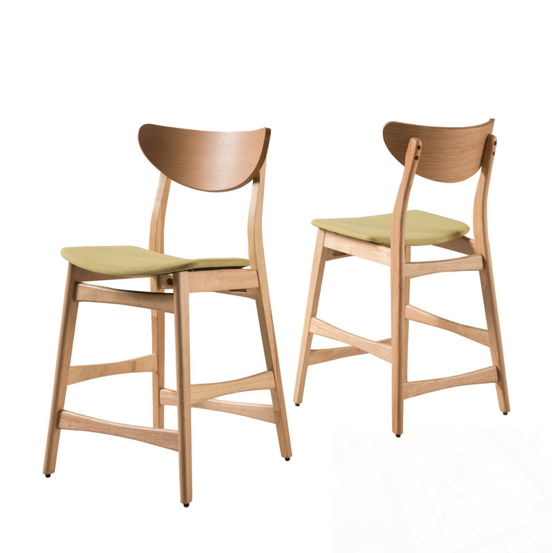 Wood Stools Set Of 2 With Footrest, Natural, Green