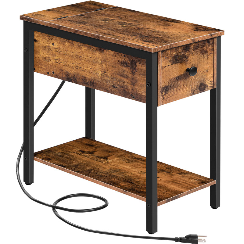 Huspon 24" End Table with Storage and Charging Station, Brown