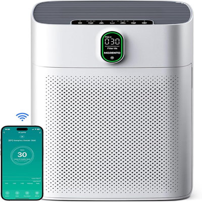 Purificateur d'air intelligent Morento pour les grandes pièces domestiques jusqu'à 1076 pi², compatible Wi-Fi et Alexa, affichage de la qualité de l'air PM2,5, mode automatique, mode silencieux 24Db, filtre HEPA pour éliminer la poussière, le pollen et la fumée (blanc)