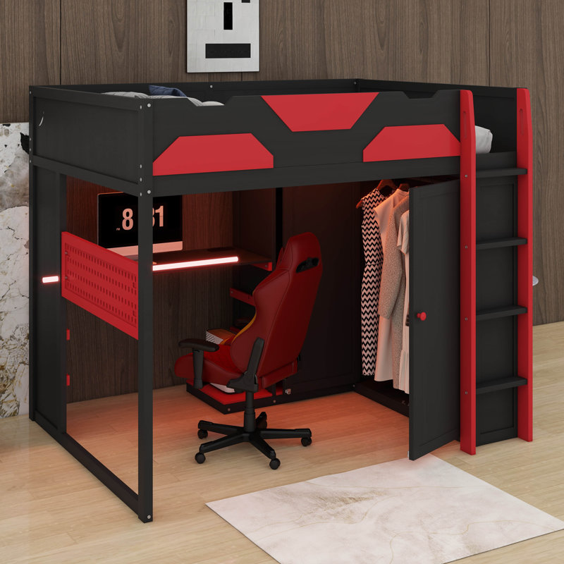 Full Size Wood Loft Bed With Desk, Multi-Storage Shelves,USB And RGB Light, Red