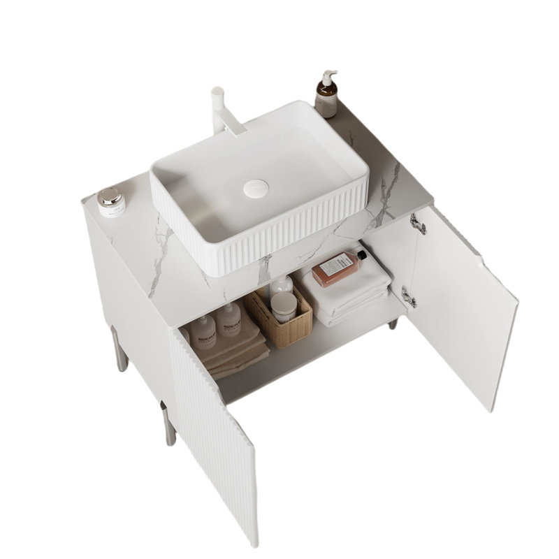 Meuble-lavabo autoportant sophistiqué avec rangement abondant, Blanc