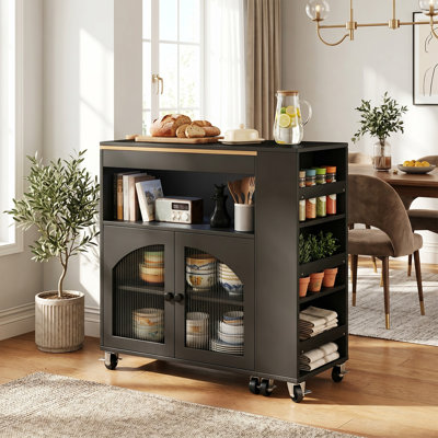Kitchen Island Cart with Power Outlets & USB, Rolling Storage Cart on Wheels with LED Lights & Locking Casters