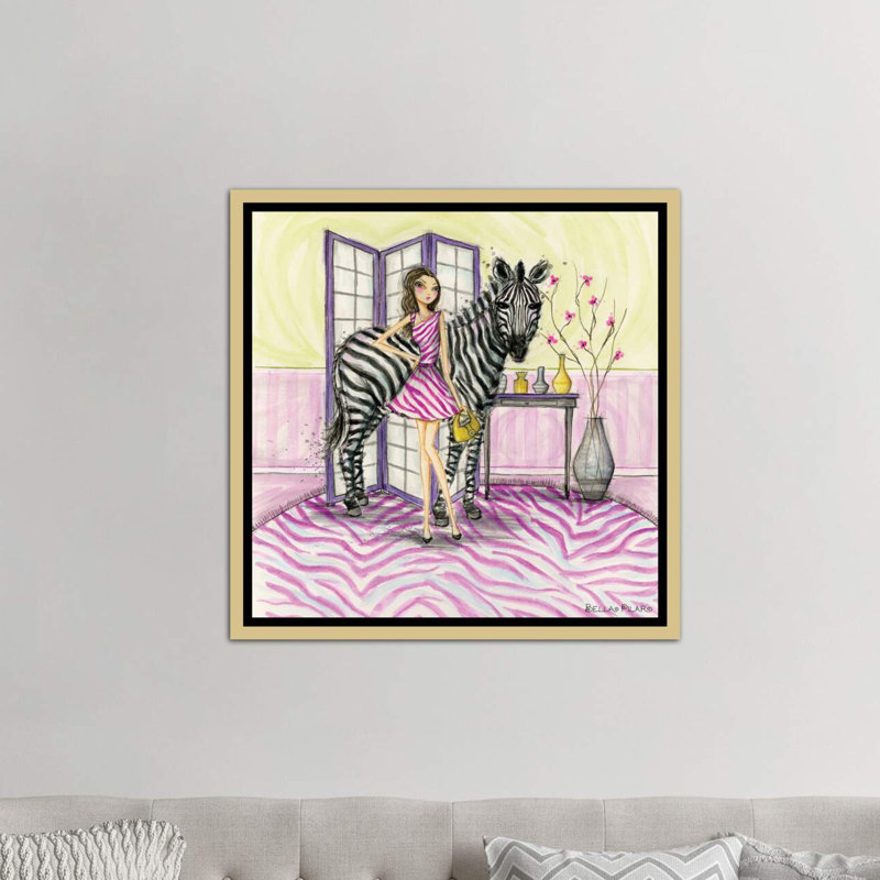 Zoe et zèbre art, Toile encadrée d'or, H 18 po x l 18 po x P 1,5 po