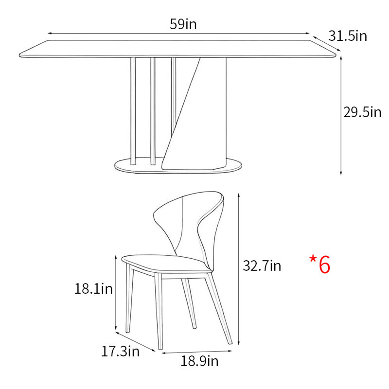 Luxury modern simple rectangular dining table sets, 29.5"H x 59"L x 31.5"W