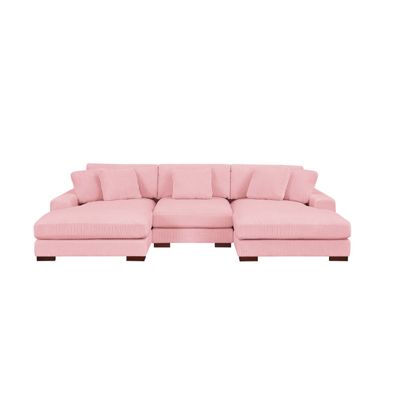 Large Seating Corduroy Upholstered Double Chaise Sectional, Pink Corduroy