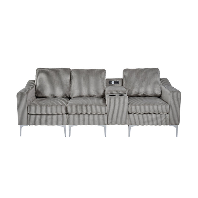 Convertible Sectional Corduroy Sofa with Cupholders, USB,Three-seater, Grey