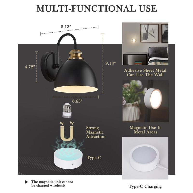 Rechargeable RGB LED Wall Sconce with Black Metal Shade, Removable Light, Remote Control and Timer (set of 2)