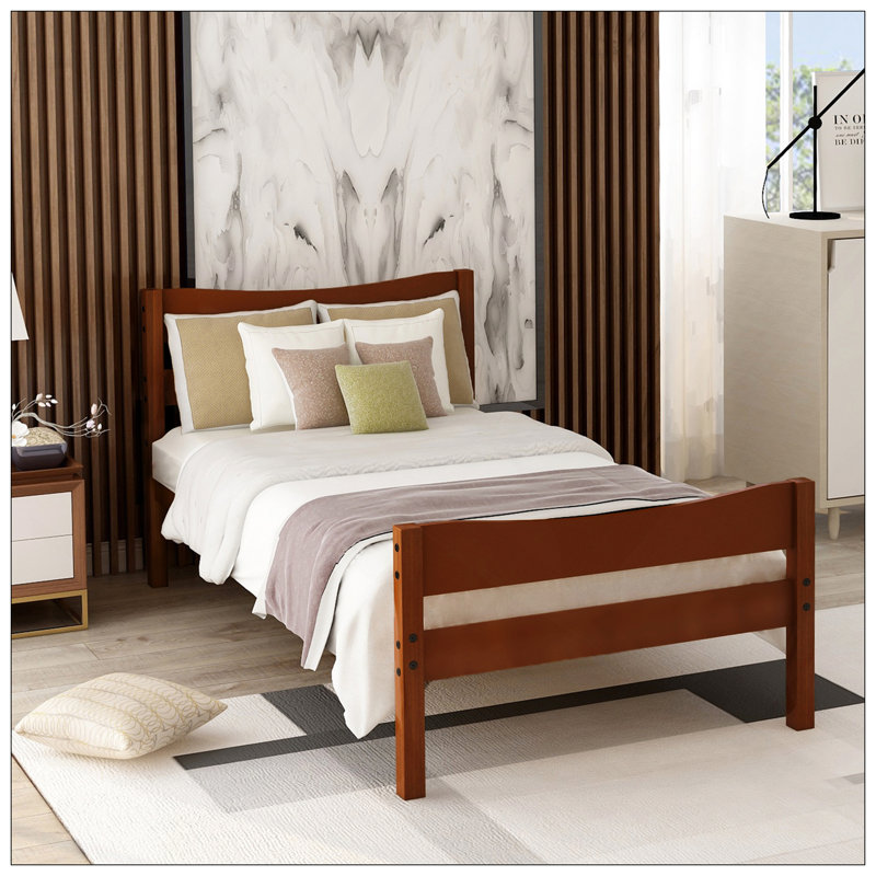 Twin Size  Wood Platform Bed With Headboard And Wooden Slat Support