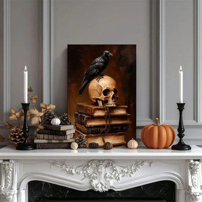 Ensemble de 1 peinture murale encadrée d'un corbeau et d'un crâne, avec une pile de livres anciens, dans un style gothique sombre et réaliste. Affiche murale décorative rétro pour la décoration intérieure, un cadeau parfait d'œuvres d'art modernes convenant aux chambres et aux salons