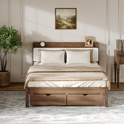 Cadre de lit en bois pour lit double/queen, tête de lit rembourrée avec tablette de rangement, 2 tiroirs de rangement sous le lit, lattes en pin massif, aucun sommier requis, finition noyer