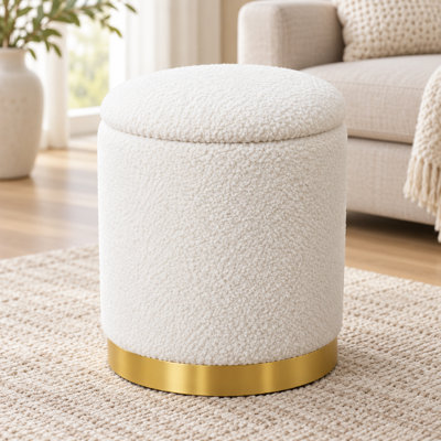 16.9" Round Teddy Faux Fur Storage Ottoman with Tray for Living Room