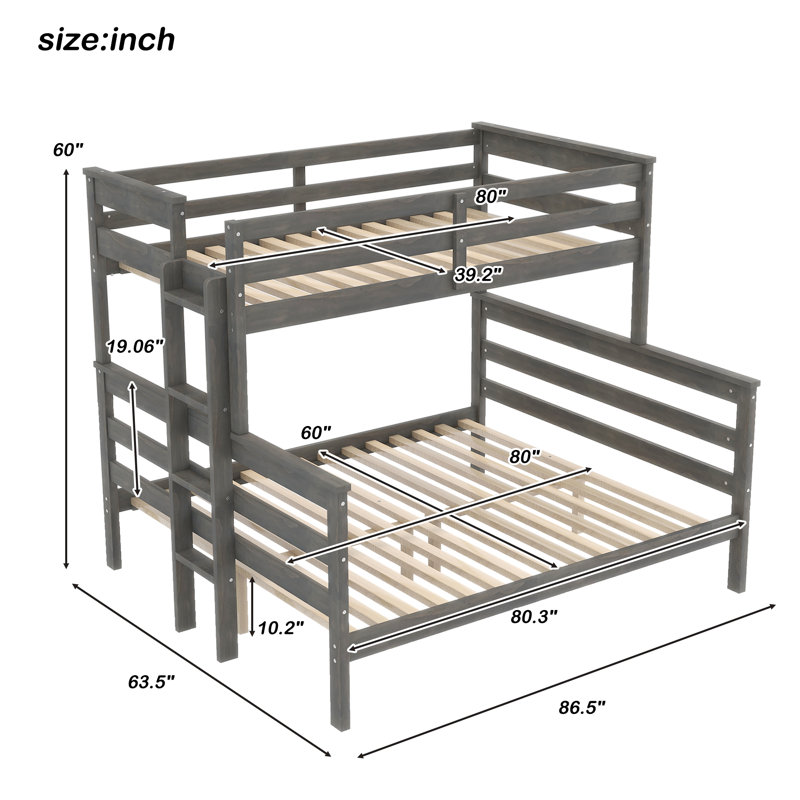 Wood Bunk Bed with Ladder, Gray, Extra Long Twin Over Queen