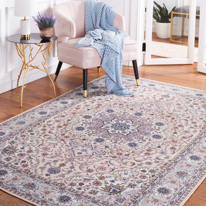 Tucson Secret Garden Washable Non-Slip Area Rug in Beige & Light Blue, Rectangle 122 x 183 cm
