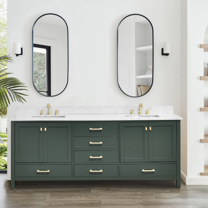 Meuble-lavabo 84 po avec plateau en pierre reconstituée 84 po, Vert / or brossé, 84"