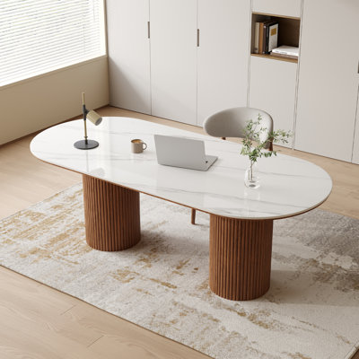 Bureau d'écriture ovale moderne, table de bureau brillante, avec deux pieds en bois massif