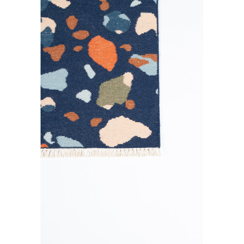 Navy and Multicolor Abstract Wool Flatweave Rug, 2' x 3'