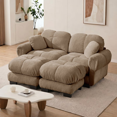 Standard W 76.3", Modern Chenille Upholstered Sofa Loveseat Sofa With 2 Ottomans & 2 Pillows, Brown 2-Seater Petal Cushion Couch With Padded Armrests For Apartment Living