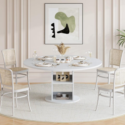 Round Farmhouse Dining Table for 4-6, Wood Kitchen Table with 2-Tier Storage Shelf & Sturdy Circular Base, White