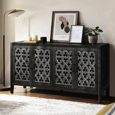 Wooden Cabinet With Hollowed Out Doors - Adjustable Space For Living Room, Tv Symmetrical Floral Pattern Country Style Room Board And Shelving