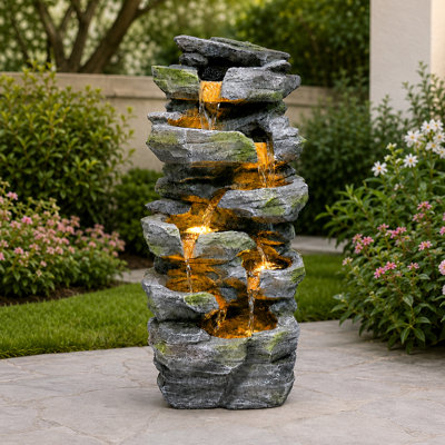 Fontaine d'extérieur en pierre empilée avec lumières DEL, chute d'eau en cascade de résine de 23,6 po de hauteur, fontaine de jardin autoportante résistante aux intempéries pour la cour arrière du porche de patio, décoration relaxante à brancher