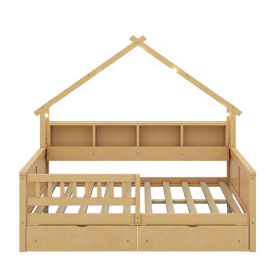 Wood Full Size House Platform Beds With LED, Storage Shelves, Drawers And Guardrail