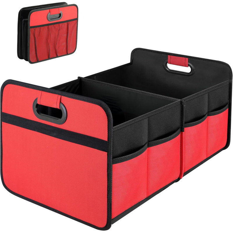 Organisateur de coffre pour voiture, rangement de voiture pliable à 2 compartiments de 50 L, antidérapant et imperméable pour les voyages, noir / gris vert / gris / rouge