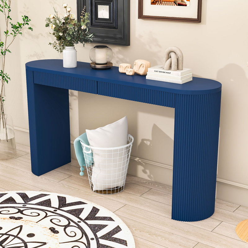Elegant Entryway Table with Arched Legs, Striped Detailing and Hidden Storage Drawers, Navy Blue