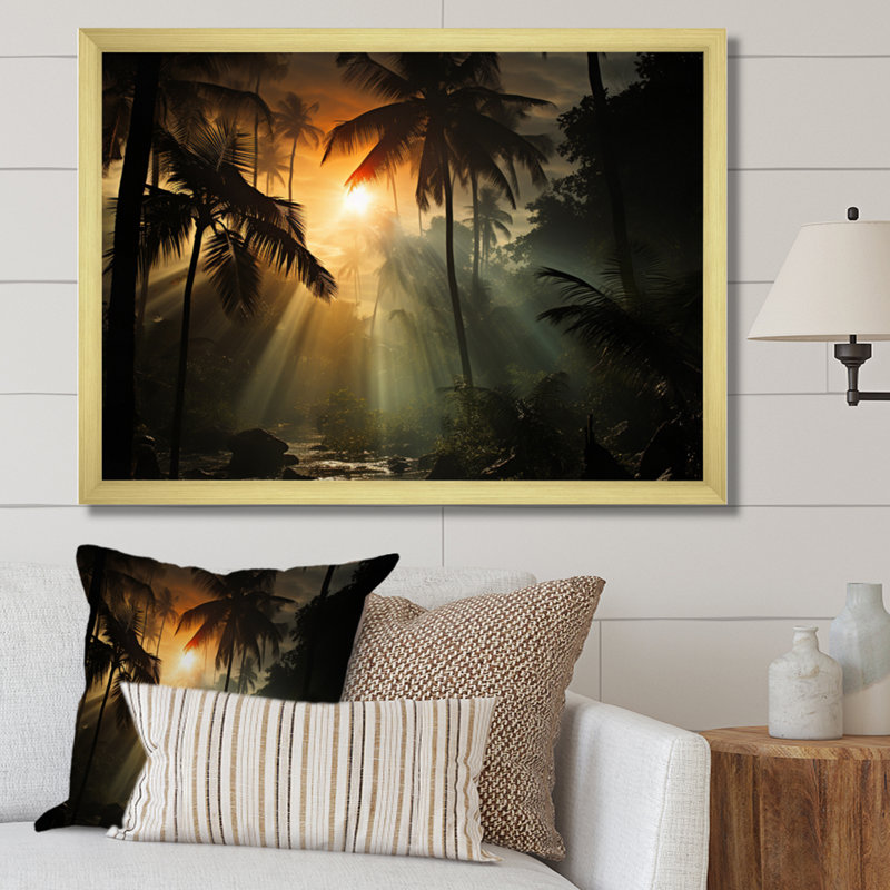 Palmiers Sunsert sur toile, H 34 po x l 44 po x P 1,5 po, Encadrement doré
