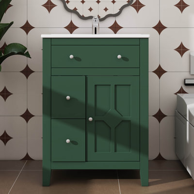 Armoire de lavabo de salle de bain 24 po, design contemporain avec vasque en céramique - 2 tiroirs + porte à fermeture en douceur