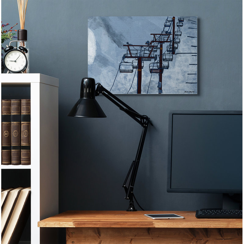 «Ski Lift Blue Sky» par Karen Dreyfus - reproduction de dessin, H 24 po x l 30 po x P 1,5 po, Toile tendue