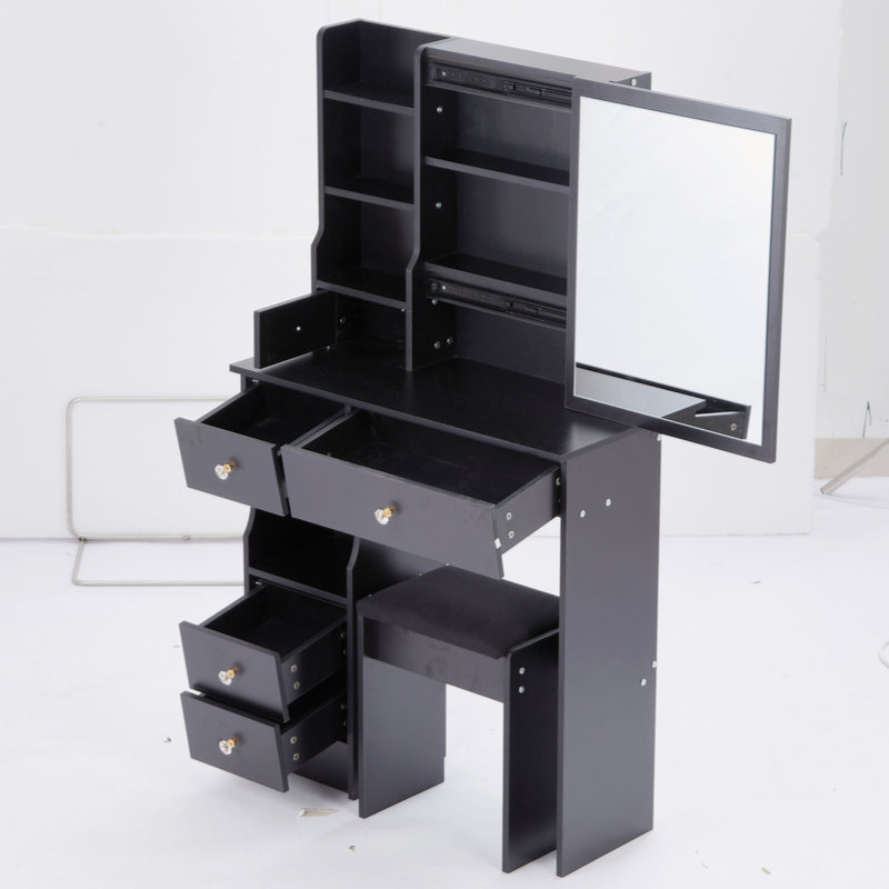 Petite coiffeuse avec tiroir de gauche et tabouret rembourré, très grand miroir coulissant, multi-couches, commode de rangement haute capacité, convient aux petits espaces, certificat EPA, GCC, UL