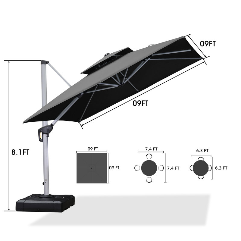Parasol carré en porte-à-faux 9 pi x 9 pi Romy, inclus, gris, gris