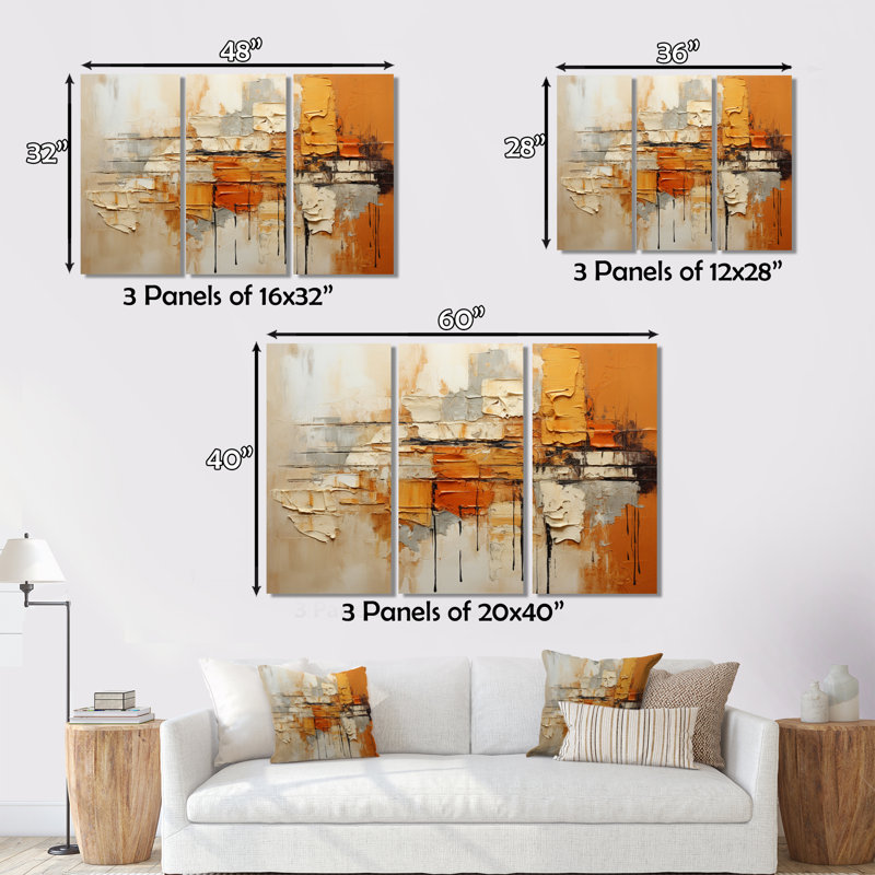 «Orange Impressions III» sur toile, reproduction de 3 pièces, H 28 po x l 36 po x P 1 po