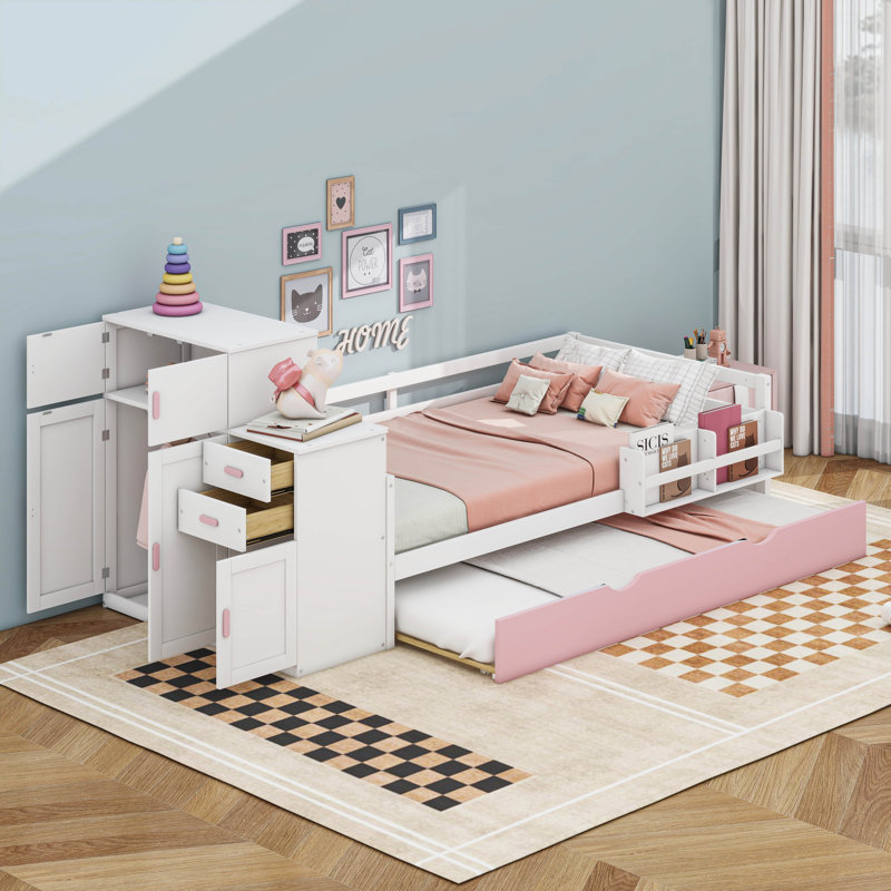 Lit plateforme simple en bois avec bibliothèque intégrée, garde-robe et lit gigogne, Rose