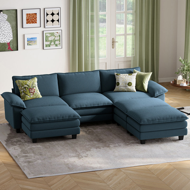 Colbey 123" Oversized Corduroy Sectional Sofa With 3 Ottomans, Elio Navy Corduroy