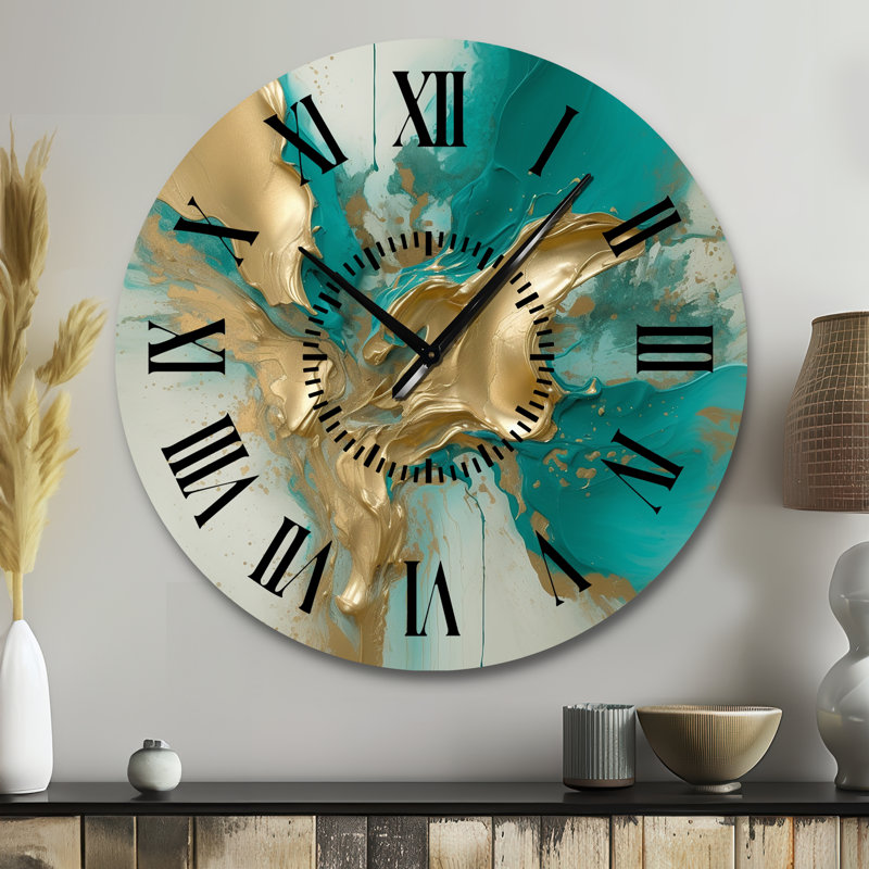 Horloge murale dorée et turquoise Fuild Ink II - marbre abstrait noir, Grand